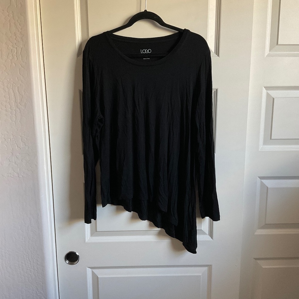 LOGO Lori Goldstein Black Asymmetrical Hem Long Sleeve Tee - Size XL